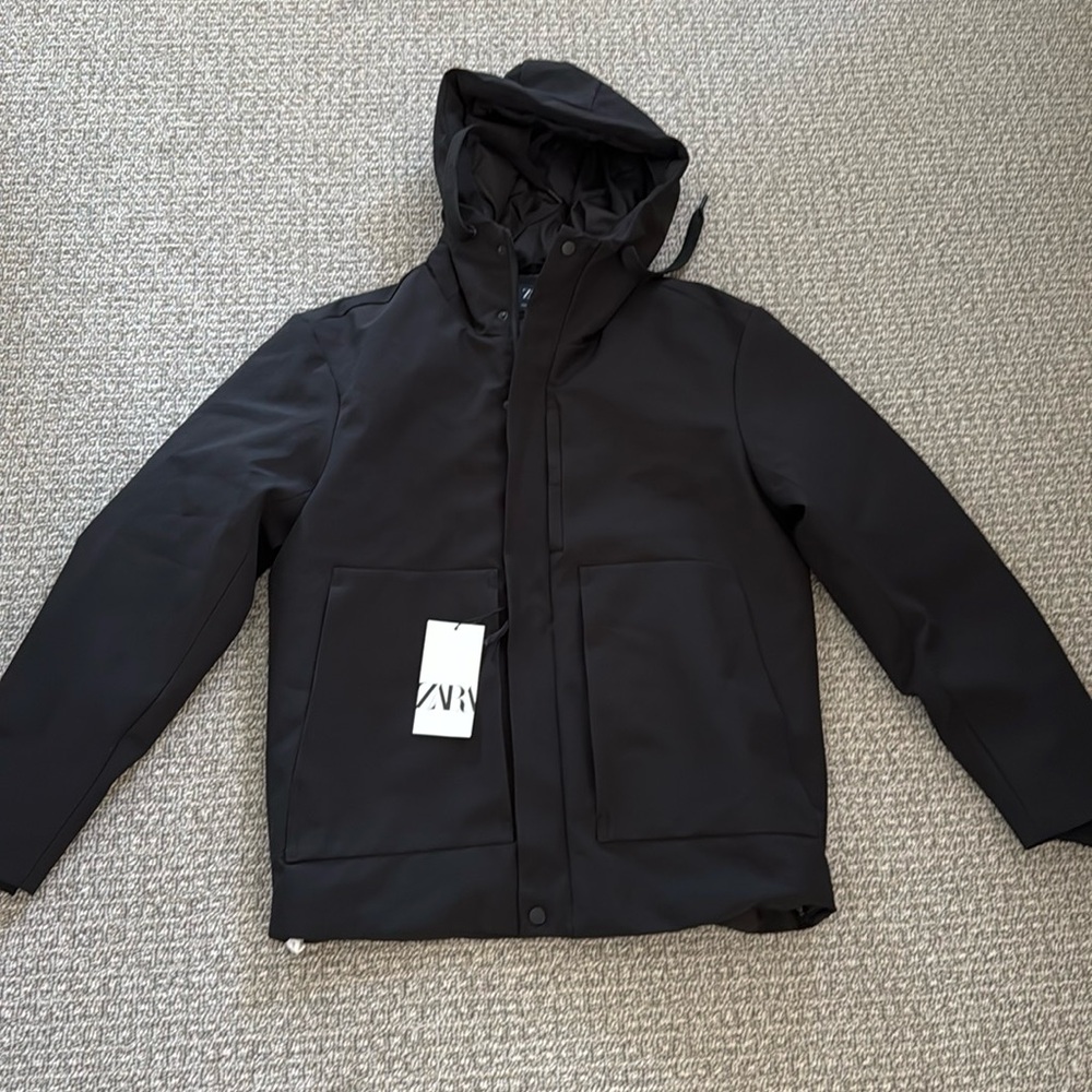 New Zara Men Black Hooded Jacket Winter Coat S